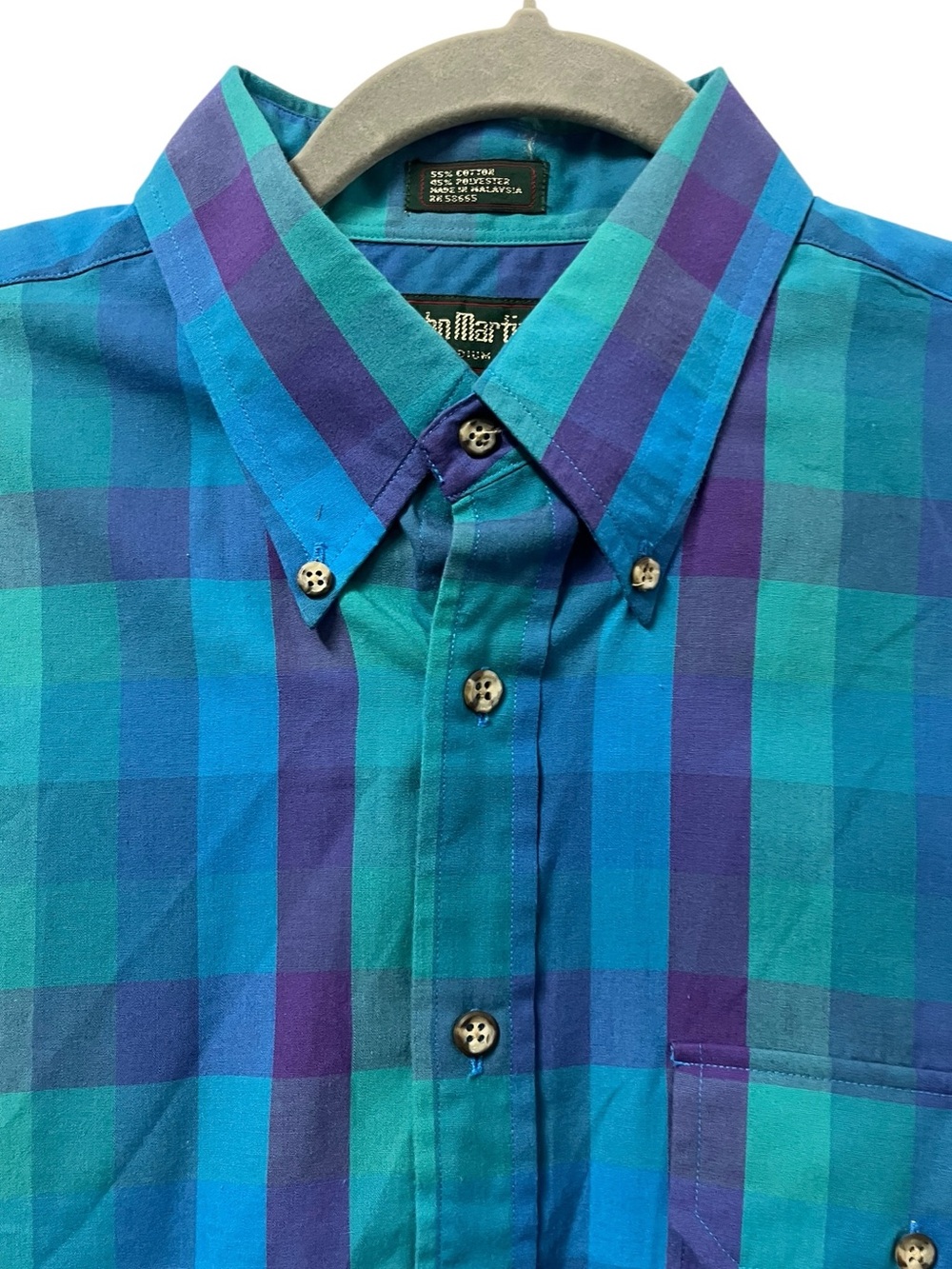 Vintage 80s John Martin Check Shirt Men’s M Blue Slim Fit Button Down Prep Plaid